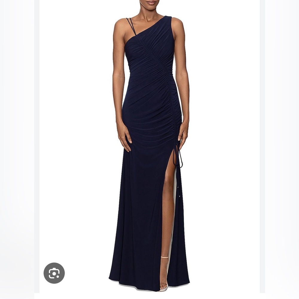One shoulder navy floor-length gown